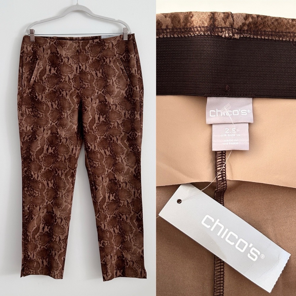 Chico's 14 Brown Multi Sz 2.5 So Slimming 360 Juliet Snake Print Ankle Pants NWT